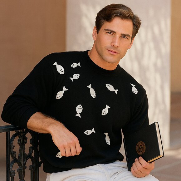 Austin Kane Intl Male L Black Goldfish Sweater Rare Unique Vintage 80s 90s - Picture 1 of 7